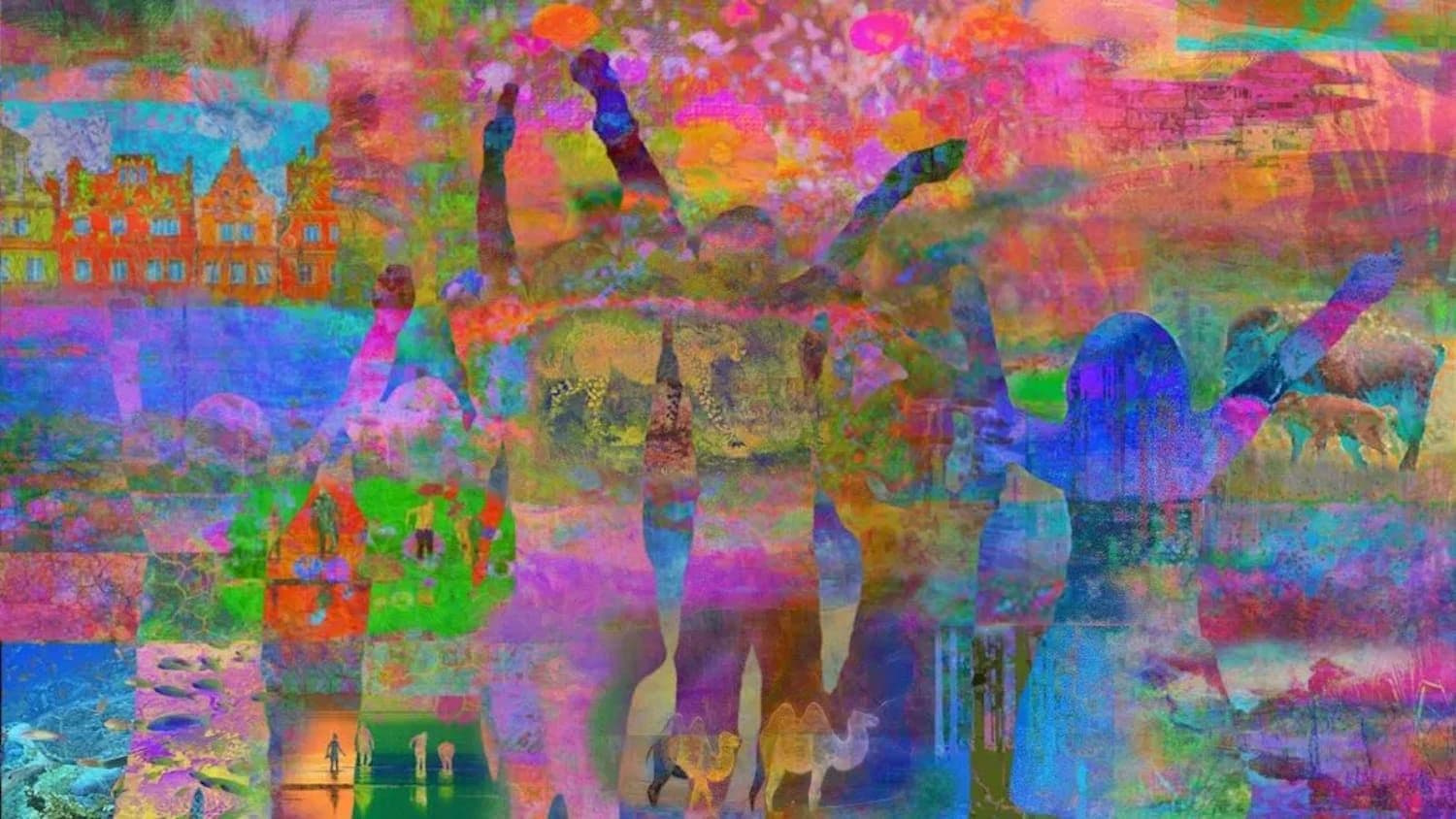 Image abstraite d'hommes et de femmes colorés les bras en l'air