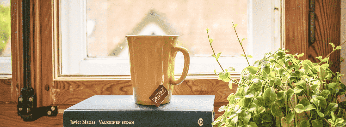 Une tasse de thé sur un livre devant un fenêtre